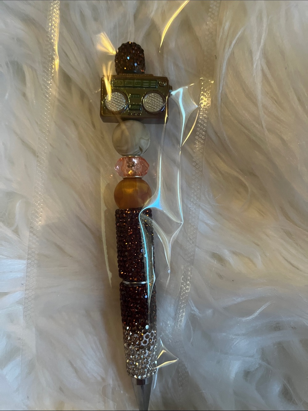 Crystal Beaded Brown and Gold Novelty Pen by juke box